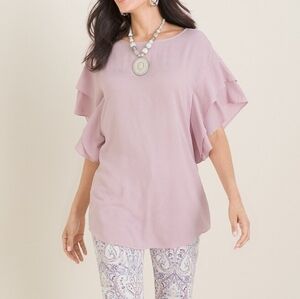 Chico's Flutter Sleeve Satin Top Wide Neck Tiered Sleeve Textured Lilac 2 12/14
